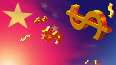 Dollar symbols on chinese flag background. Flying dollar signs. Parachute money in Ð¡hina. Economic relations between China and America. Chinese exports. Payment system. 3d imageの写真素材