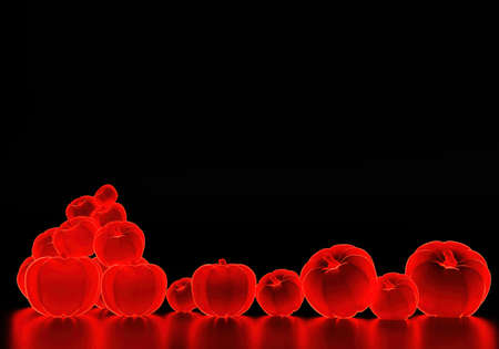 Pumpkins glow neon. Bright neon pumpkins on black background. Red pumpkins symbolize Halloween. Place for Halloween inscription near gourd. Gourd for Jack-o-lantern luminaries. 3d renderingの写真素材