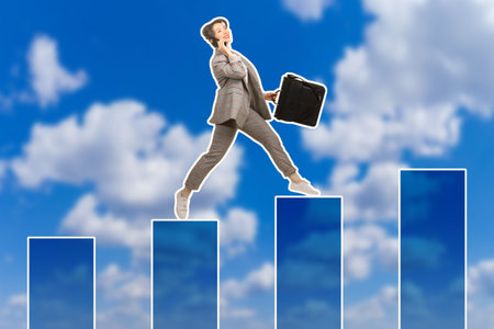 Business success, promotion, achievement of goals. A woman runs along an ascending bar chart. A...