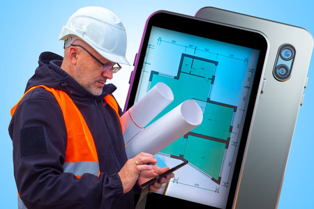 Architect builder with smartphone. Architectural plans on phone. Builder uses phone to work....