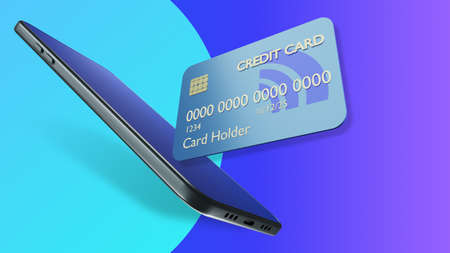Credit card next to smartphone. Concept of online payment by credit card. Online shopping. Phone on blue-birch background. Online payments using bank card. Banking application. Fin tech app. 3d imageの写真素材