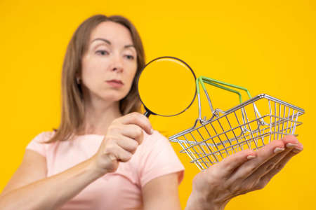 Magnifying glass near the shopping cart. A miniature shopping basket in the hands of a girl. A young woman loops into an empty shopping basket. Concept - the study of consumer needs.の写真素材