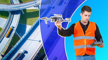 Man with drone on the background of highways. Unmanned aircraft system - UAV. Traffic monitoring...