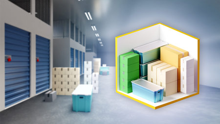 Demonstration of a self-storage unit with boxes and containers. Storage room 5 by 5 feet. Rent a...