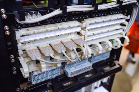Switchboard close-up. Fragment of electrical panel with many wires. Wire connectors are numbered....