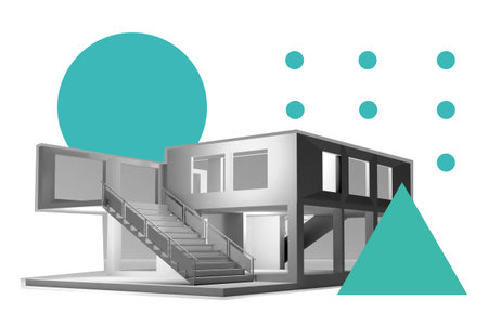 Model of house with steps to second floor. White model of building without stem. Business building...
