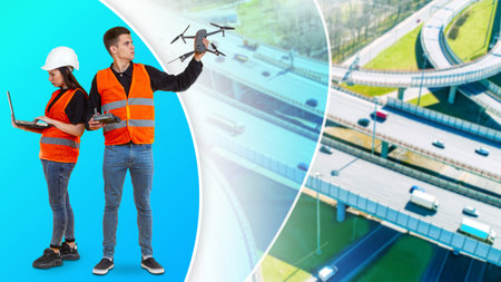 Highways monitoring. Aerial survey. Survey by drone. People in a quadrocopter on the background of road interchanges. Observation of highways from the air. Man and woman in orange vests.の写真素材