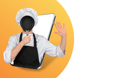 Man cook with frying pan. Restaurant chef smartphone screen. Online restaurant app concept. Online food delivery service. Place for inscription. Collage for food delivery app. White-yellow backgroundの写真素材