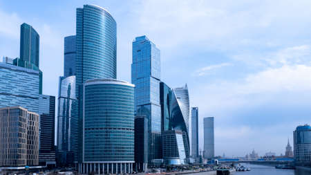 Moscow panorama. Contemporary architecture of Russia. Business center of Moscow. City landscape of Moscow City. Business district in Russian city. Business travel in Russia. Russian Federationの写真素材