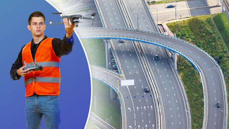 A man launches a drone over motorways. Aerial surveillance on motorways. Traffic safety control using a drone. Highways monitoring. Aerial survey of roads. Man in orange vest. Person with quadrocopterの写真素材