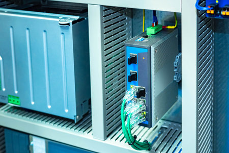 Network hardware. Fragment of telecommunication equipment in a gray box. Concept - telecommunication...