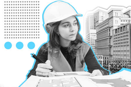 Portrait of architect in construction uniform. Architect-builder drawings construction drawings. Black-white collage with architect girl. Construction company worker in city. Engineer-builder careerの写真素材