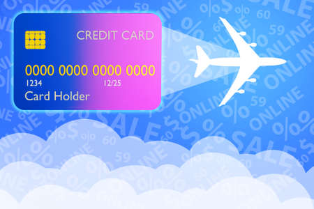Air ticket sale. Online purchase of air ticket. Payment for avia travel by credit card. Payments by credit card for air tickets. Silhouette of plane symbolizes aviation tourism. 3d image.の写真素材
