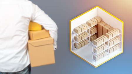 Self-storage unit. Storage with shelves. Cardboard boxes in stock. A blurry silhouette of a man with...