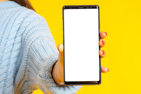 Smartphone with blank screen in a woman's hand. Female hand showing smartphone screen. Mobile phone...