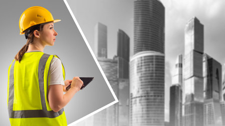 Woman architect or construction engineer on skyscrapers background. Design and construction of...