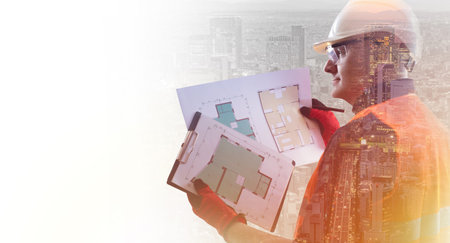 Portrait of an architect in construction uniform. Architect-builder with a double vision....
