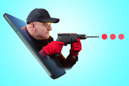 Art portrait of repairman or furniture maker. Man with a drill in his hands. Repairman portrait on turquoise background. Concept search for repairman in smartphone. Collage on theme of renovationの写真素材