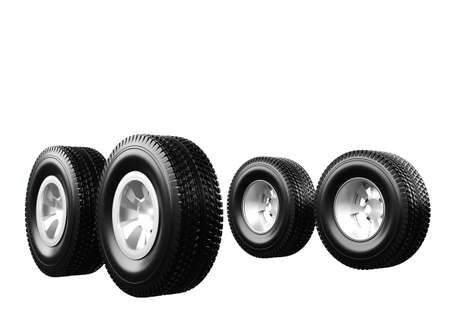 Car wheels are photographed from the side. Tire service, auto repair. Set of four car wheels isolated on a white background. Black wheels. 3d imageの写真素材