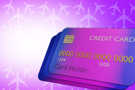 Credit card travel. Bank card travelers. Purchase of air tickets. Card buying air tickets. Silhouettes of aircraft on purple background. Bank credit for travel. Travel shopping metaphor. 3d imageの写真素材