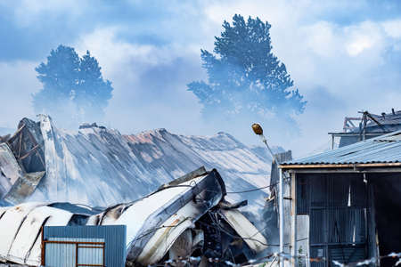 Firefighting. Smoke from a burning building. Consequence after a fire. Burned house. Destroyed buildings.の写真素材