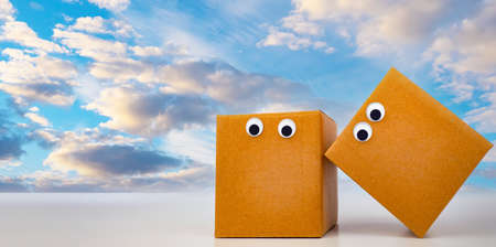 Two cardboard boxes with eyes on a white background. Biodegradable packaging. Packaging does not harm the environment. Implementation of packaging materials. Sending parcels.の写真素材