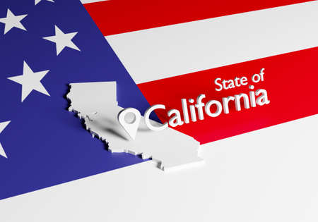USA. State California. Map of America. Fragment of the territory of the United States of America. US flag under the inscription California. 3d imageの写真素材