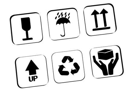 Elements for marking goods. Standardized labeling for boxes. Black markings on white background. Elements of labels for boxes. Features of marking of transportation of goods. 3d rendering.の写真素材