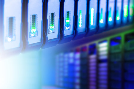 Server background. Fragment of server equipment close-up. Server racks with neon glow. Cyber...