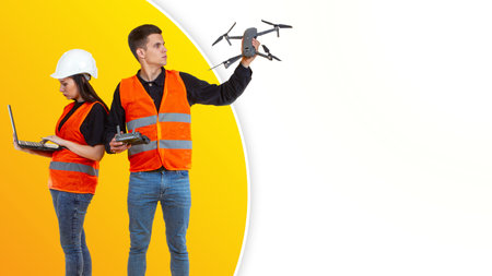 A man launches quadcopter. Engineers with drone in their hands. They want to photograph something...