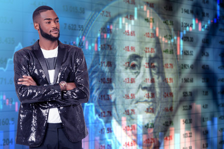 Financial market problems. Negative quotes next to Franklin. African man stands with his arms...