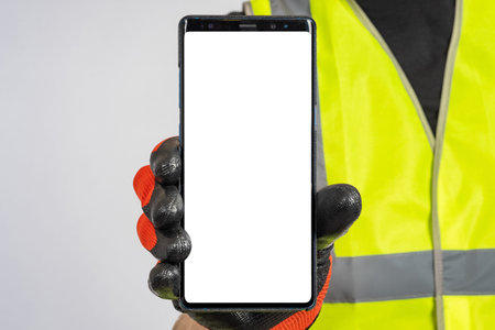 Phone is in hand of builder. Blank screen phone. Mockup of smartphone in worker's hand. Man in...