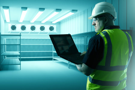 Refrigerators compartment. Warehouse with shelves for food storage. Grocery warehouse with air...