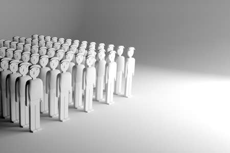 Crowd of identical people. Workers are built into the ranks. Obedient people. Search for workers. Place for text. 3D render.の写真素材