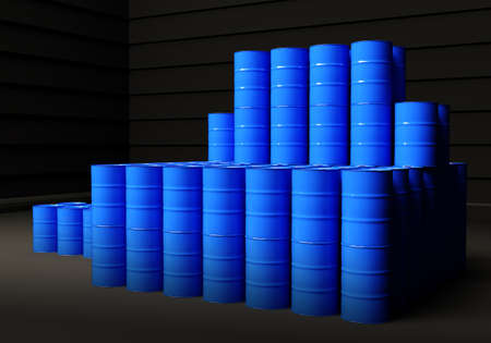 Blue metal barrels. Oil warehouse. Many barrels with oil. The searchlight illuminates the warehouse. Chemical industry. 3D render.の写真素材