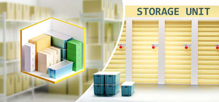 Demonstration of warehouse units. A corridor with closed storerooms. The business of storing things. Storage for boxes and containers. Collage in light colors. Warehouse franchise. 3d imageの写真素材