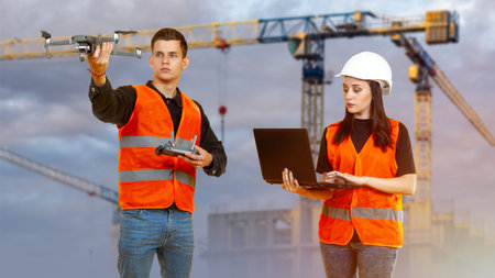 A builder is using quadcopter. Two architects fly drone. Man and woman in uniform of builders....