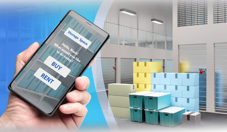 Application for buying or renting a storage space. Smartphone with program for selecting storage...