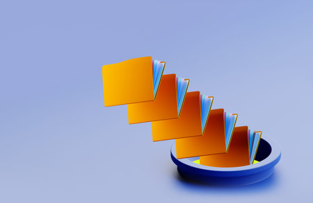 Folders of papers fly out of hatch. Data acquisition metaphor. Data extraction and subsequent...