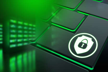 Keyboard with security symbol. Padlock on laptop button. Cybersecurity background. IT security on Internet. Data protection black and green background. Securing Network Attached Storage. 3d renderingの写真素材