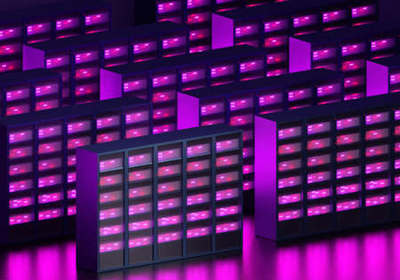 Server equipment. Racks with networking equipment top view. Telecommunication center. Center for data management. Telecommunication servers stand in rows. They glow purple neon. 3d image.の写真素材