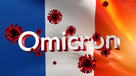Omicron virus in France. Distribution of delta strain in French Republic. COVID-19 epidemic. Omicron logo in front of france flag. Mutated SARS-CoV-2 lockdown virus. Coronavirus pandemic. 3d image.の写真素材