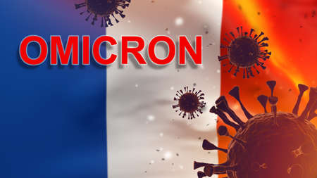 Omicron coronavirus in France. New wave of COVID-19 lockdown. Distribution of Delta plus strain. Coronavirus pneumonia. Omicron inscription in front of French flag. SARS-CoV-2 bacteria. 3d image.の写真素材