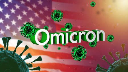 Omicron COVID-19 virus in US. Penetration of coronavirus. Omicron virus near flag of United States of America. Mutated coronavirus pandemic in US. Biodanger COVID USA. Delta plus molecules. 3d image.の写真素材