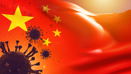 Omicron COVID-19 variant in China. Coronavirus mutation in PRC. Delta plus pandemic in People's Republic of China. SARS-CoV-2 bacteria in front of flag of China. Omicron pandemic strain. 3d image.の写真素材