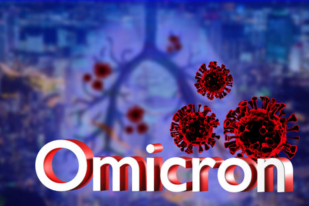 Omicron coronavirus logo. Delta strain COVID-19. Spread of massive pandemic. Continuation of SARS-CoV-2 epidemic. Mutation of omicron coronavirus. Virus molecules in front of blurred lungs. 3d imageの写真素材