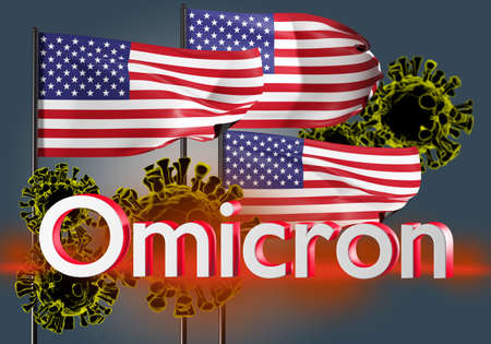 Omicron COVID-19 variant Coronavirus. Delta plus. Mutated coronavirus SARS-CoV-2. 3D render New OMICRON Virus strain. Viral danger in the United States. America flag on the background of virusesの写真素材