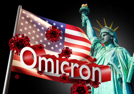 Omicron COVID-19 variant Coronavirus. Delta plus. Mutated coronavirus SARS-CoV-2. 3D render New OMICRON Virus strain. Viral danger in the United States. America flag on the background of virusesの写真素材