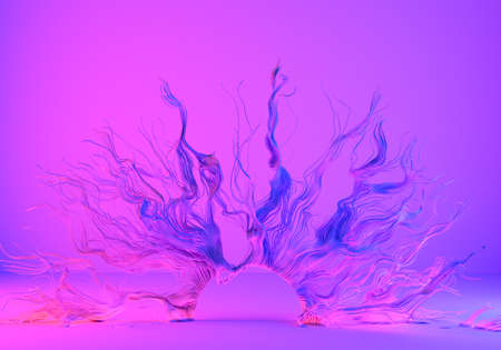 Neon abstraction with lines waves. Abstract geometry. Waves texture resemble hair. Flying colored threads. Abstraction with lines for background. 3 D imageの写真素材