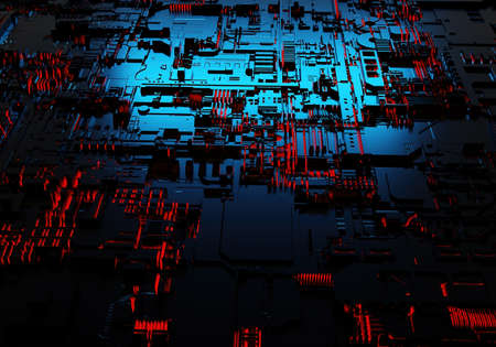 Dark PCB background with red lines. Electronic circuit board background. Visualization of abstract PCB. Texture with elements of electronic circuit board. Abstract background without focus. 3d image.の写真素材